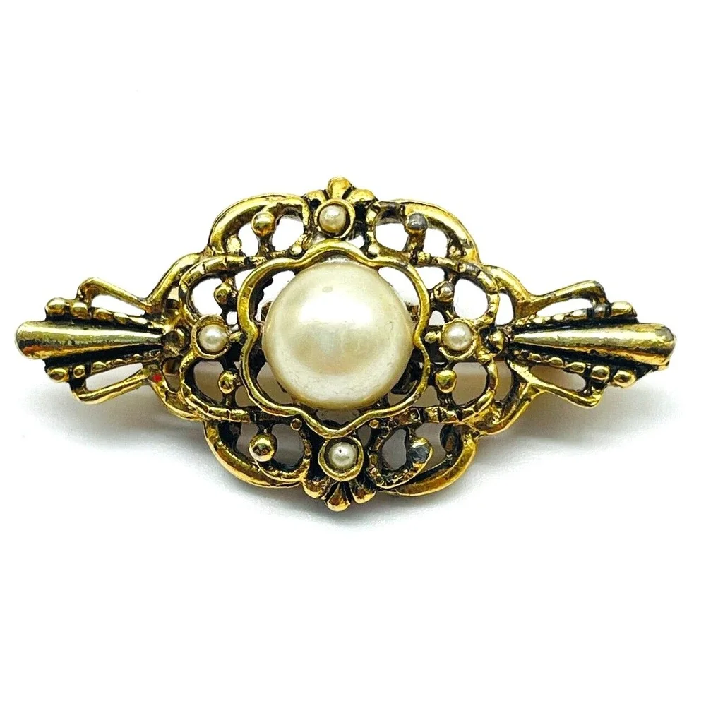 Vintage Gold Tone Brooch Bar Pin Filigree Floral Design Faux Pearl